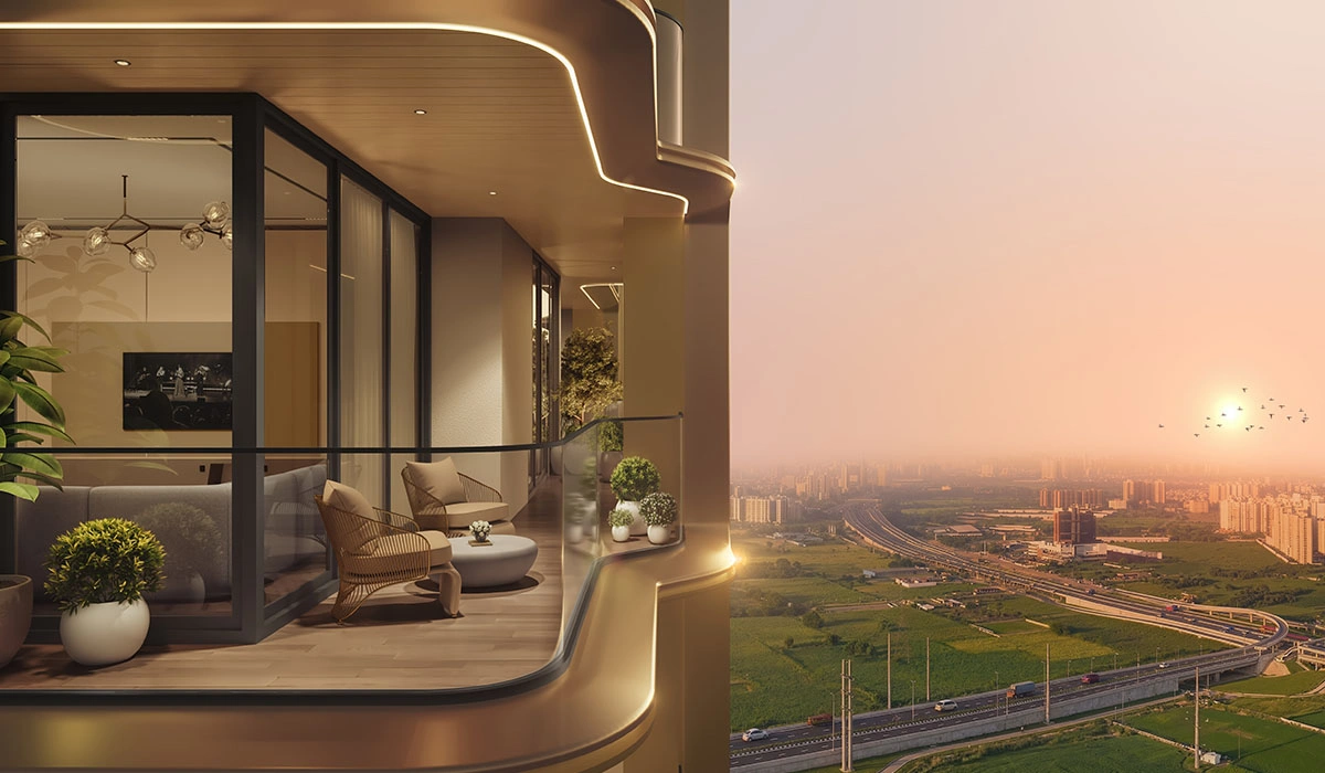Private balcony with skyline view at The Oryza, Gurugram