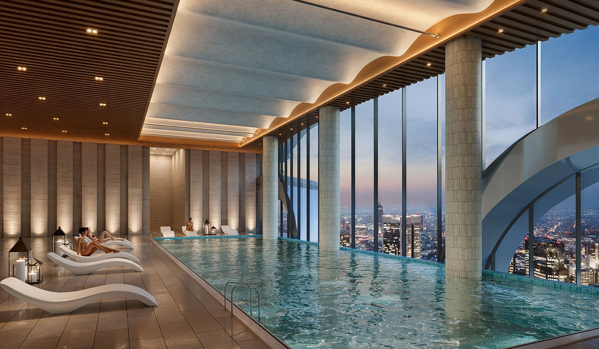 Temperature-controlled indoor pool with city view at The Oryza