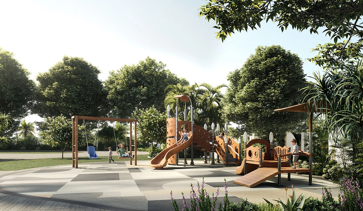 Kids play area with landscaped garden at The Oryza