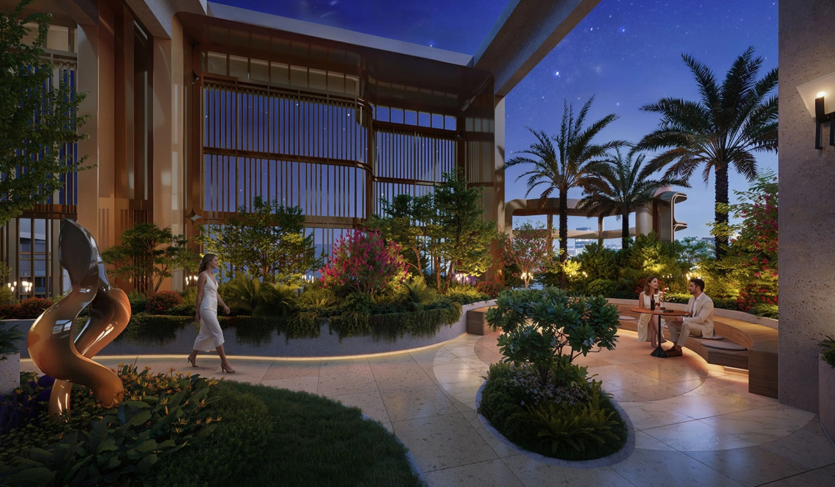 Sky lounge with landscaped seating at The Oryza