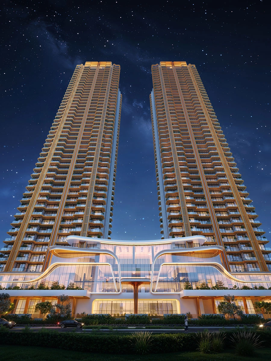 The Oryza twin luxury residential towers on Dwarka Expressway, Gurugram, at dusk
