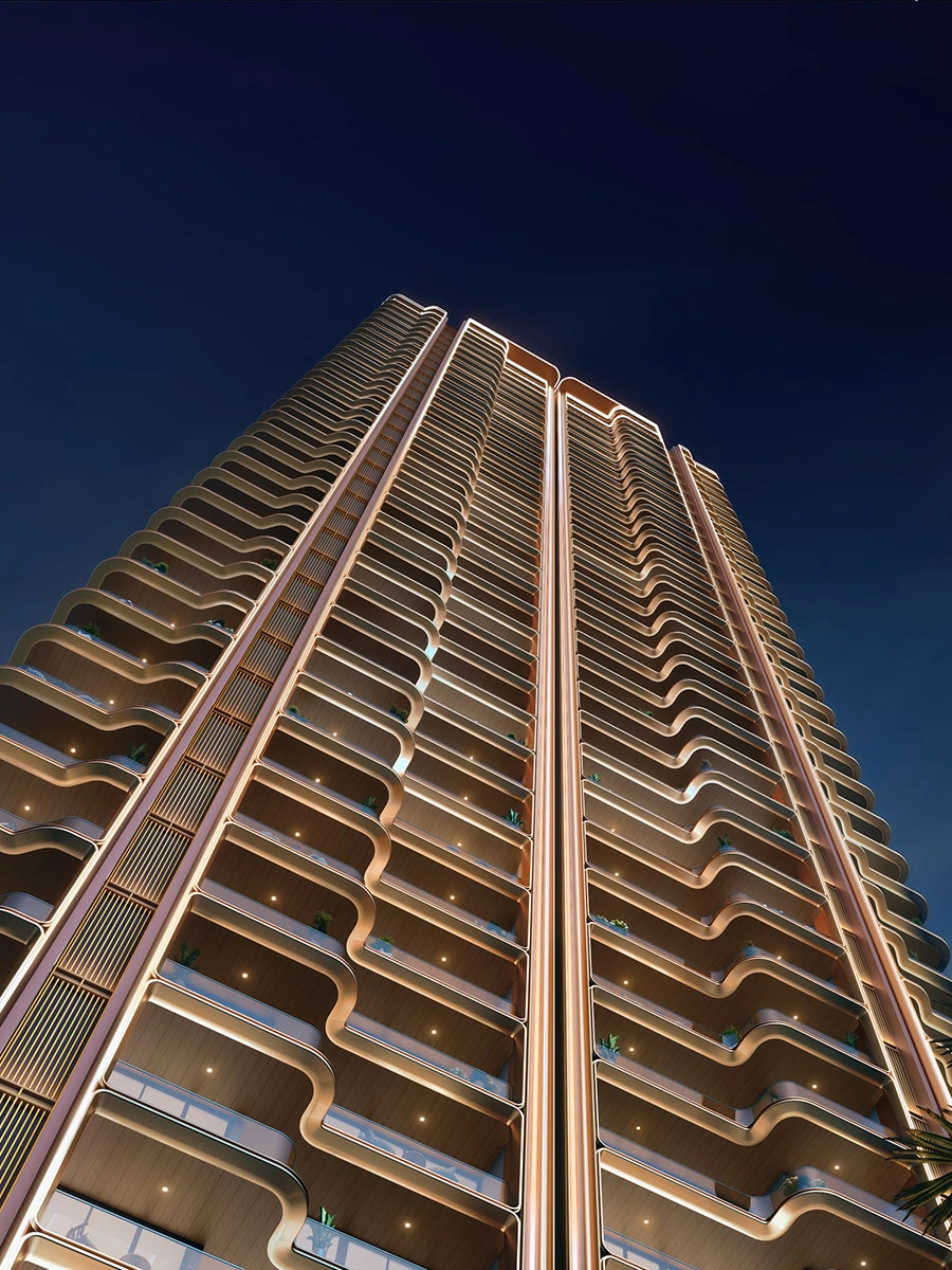Close-up facade view of The Oryza's balcony design and architecture