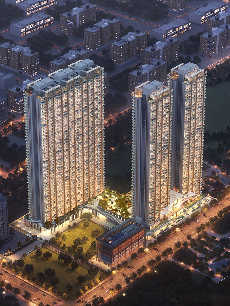 The Oryza twin luxury residential towers on Dwarka Expressway, Gurugram, at dusk